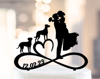 Couple with dogs cake topper, Two Dogs Wedding cake topper, Cake topper with date, Silhouette Couple and 2 dogs, Bride and Groom with 2 dogs