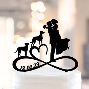 Couple with dogs cake topper, Two Dogs Wedding cake topper, Cake topper with date, Silhouette Couple and 2 dogs, Bride and Groom with 2 dogs