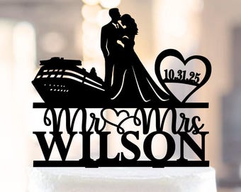 Cruise Wedding Cake Topper with ship and Date, Nautical Wedding Cake Toppers, Bride And Groom with Cruise Liner, Destination Wedding Toppers