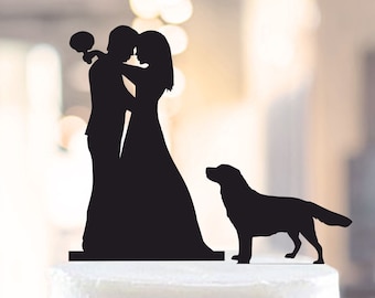 Wedding cake topper with dog, cake topper + dog, silhouette cake topper for wedding with pets, bride and groom cake topper + Retriever (1066