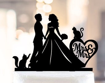 Lesbian Cats Cake topper,Lesbian wedding cake topper, Lesbian silhouette topper with 2 cats, Two Brides Cake Topper, MRS and MRS topper cake