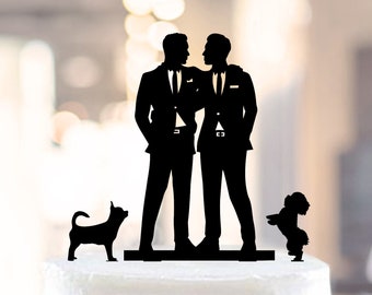 Gay Cake Topper + 2 DOG, Mr and Mr Cake Topper with DOGS, Gay Cake Topper Wedding, Gay silhouette Cake Decor, Cake Topper For Men Gift