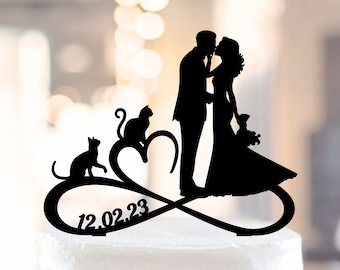 Couple with cats cake topper, Two cats wedding cake topper, Bride and Groom cake topper with date, Cake Topper Silhouette Couple and 2 cats