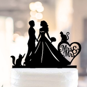 Lesbian Cats Cake topper,Lesbian wedding cake topper, Lesbian silhouette topper with 2 cats, Two Brides Cake Topper, MRS and MRS topper cake