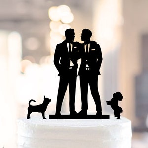 Gay Cake Topper + 2 DOG, Mr and Mr Cake Topper with DOGS, Gay Cake Topper Wedding, Gay silhouette Cake Decor, Cake Topper For Men Gift