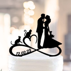 Couple with cats cake topper, Two cats wedding cake topper, Bride and Groom cake topper with date, Cake Topper Silhouette Couple and 2 cats