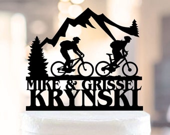 Wedding Bicycle Cake Topper, Bride and Groom Silhouettes on Bike,Mountain wedding cake topper,Custom Mountain Topper with Last name 1314