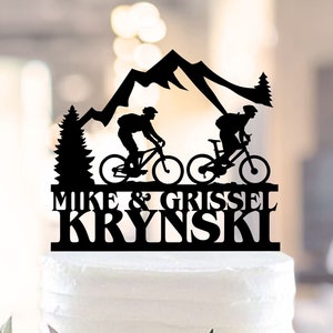 Wedding Bicycle Cake Topper, Bride and Groom Silhouettes on Bike,Mountain wedding cake topper,Custom Mountain Topper with Last name 1314