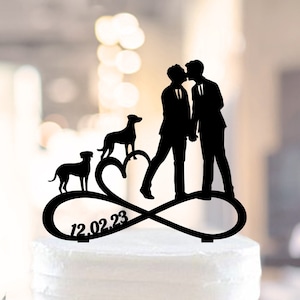 Two Grooms Wedding Cake Topper, Mr and Mr Cake Topper With Two Dogs, Gay Wedding Cake Topper, 2 Grooms Topper with Date, Infinity Topper