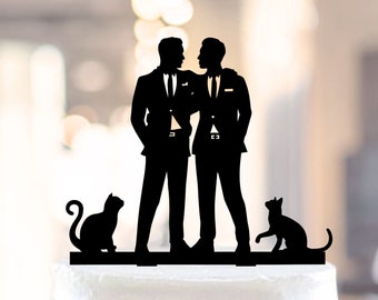 Gay Wedding Cake Topper, Mr and Mr Cake Topper, Cats Gay Cake Topper, Wedding topper with gays, 2 Grooms Silhouettes and 2 cats Cake Decor