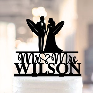Surfing Wedding Cake Topper, Mr and Mrs Surfers Cake topper, Surfer Silhouettes cake topper, Surf Boards cake topper for wedding bride groom