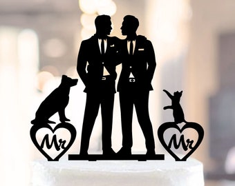 Gay Wedding Cake Topper With Cat and Dog, Mr and Mr Cake Topper + Pets, 2 Grooms Cake Topper, Gays Cake Topper Wedding, Dog Cat Gay Topper
