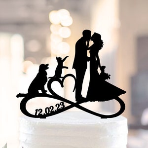 Wedding Cake Topper with dog and cat, Dog Wedding Cake Topper,Pets Wedding Cake Topper,Couple Kissing Cake Topper with pets,Topper with date