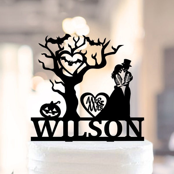 Halloween Wedding Cake Topper, Pumpkin Cake Topper, Bats and Skeletons Topper, Personalized Goth Cake Topper, Cake Topper Autumn wedding