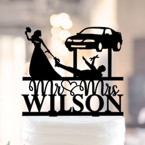 Mechanic Wedding Bride Dragging Groom Cake Topper, Mr and Mrs Cake Topper, auto mechanic cake topper, Wrench Tools, funny wedding cake 1560