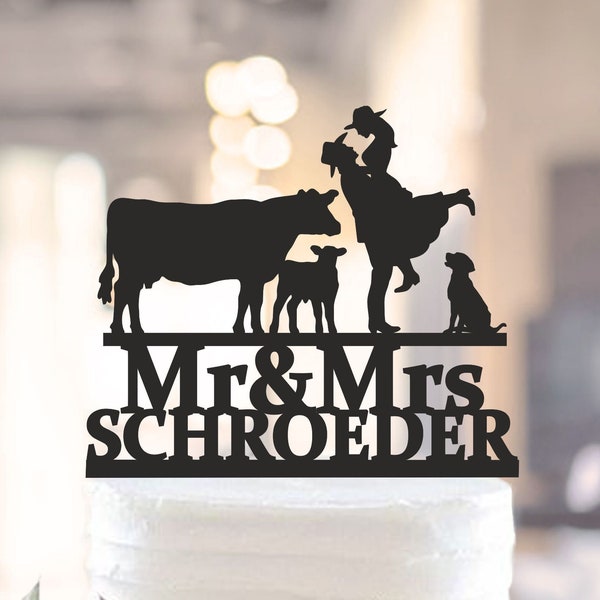 Farm Wedding Cake Topper, country Mr and Mrs cake topper, Cowboy Wedding Cake Topper, cow wedding cake topper, Wedding With Dogs Topper 1559