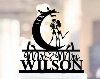 Skeleton Wedding Cake Topper with Bats, Halloween Theme Bride and Groom Gothic Cake Decoration