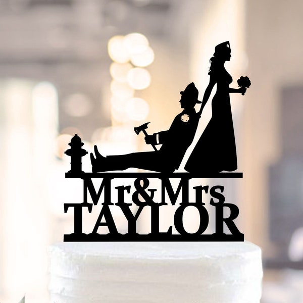Wedding cake topper, Fireman and Nurse Wedding Cake Topper, Fireman Wedding Cake Topper, Firefighter Cake Topper (1339)
