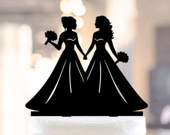 Lesbische bruidstaarttopper met twee bruiden in jurken, aangepaste acryltaartdecoratie mevrouw en mevrouw