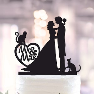 Wedding cake topper with cat,silhouette cake topper with two cats,cats cake topper,Wedding Cake Topper,Personalized Cake Topper (1002)