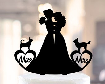 Lesbian cake topper with two dogs, Lesbian Topper 2 dogs, Lesbian wedding cake topper, mrs and mrs cake topper, bride and bride topper (1071