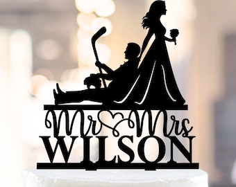 Meneer en mevrouw hockey bruidstaarttopper, bruiloft winterhockeythema, Finny paar silhouet taartdecoraties, sport Jast Merried (1331)