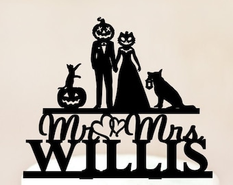 Halloween Wedding Cake Topper, cake topper for wedding with cat and dog, Mr and Mrs cake topper with pets, Dog Cat Wedding Cake Topper 1545