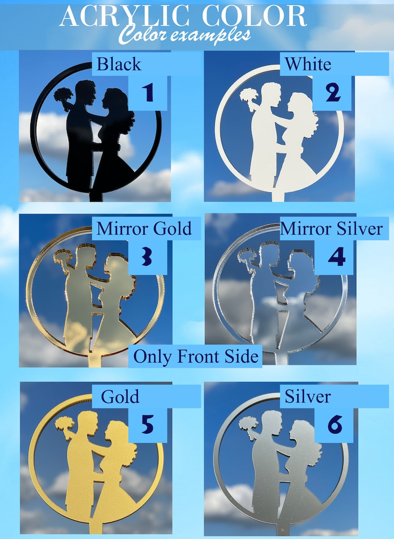Op de afbeelding: Zes acryl bruidstaarttoppers in verschillende kleuren: zwart, wit, spiegelgoud, spiegelsilver, goud en zilver. Elke topper heeft een silhouet van een bruid en bruidegom die een boeket vasthouden.