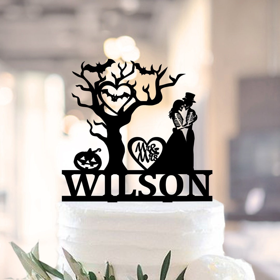 Halloween Wedding Cake Topper, Pumpkin Cake Topper, Bats and Skeletons