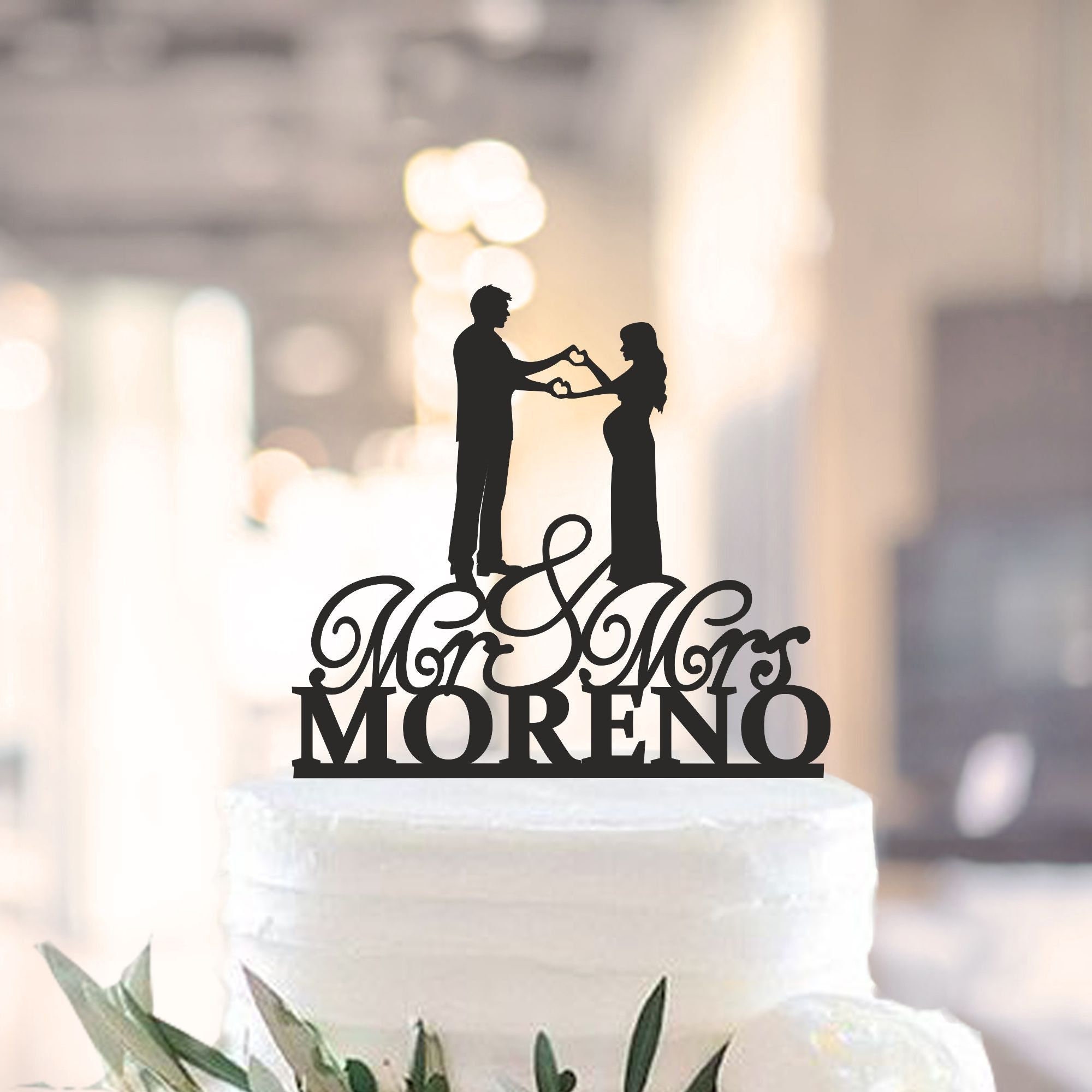 Personalised Wedding Cake Topper Pregnant Bride Mr and Mrs Surname Glitter Mirro 