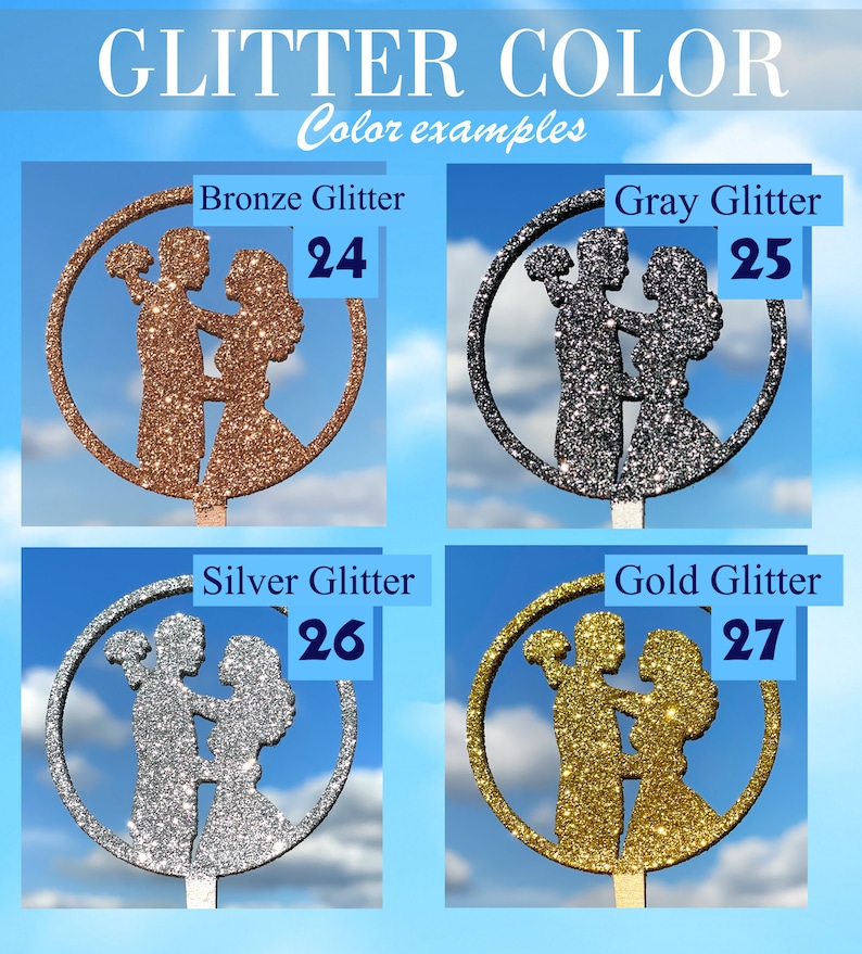 Op de afbeelding: Vier afbeeldingen die verschillende glitterkleuren laten zien voor een bruidstaarttopper. De topper is een silhouet van een bruid en bruidegom die een boeket vasthouden. De getoonde kleuren zijn brons, grijs, zilver en goud.