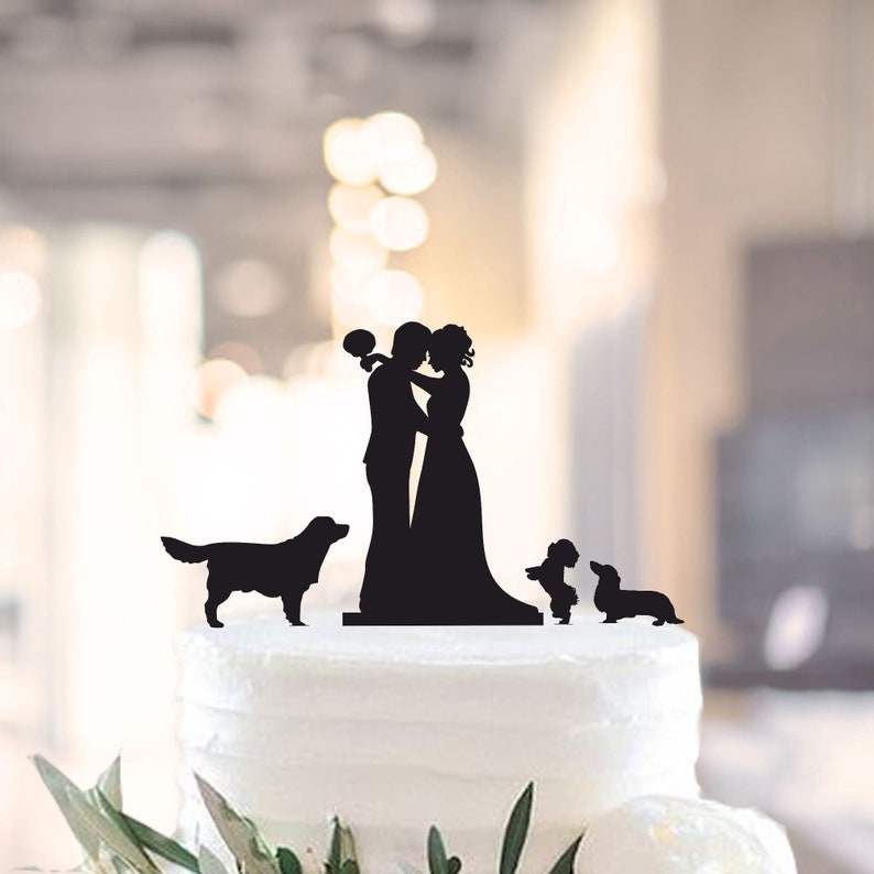 Wedding Cake Topper With Three Dogs,Wedding Cake Topper With Dog,Wedding Silhouette Cake Topper With Dog,Mr and Mrs Topper With Dog 1067 image 1