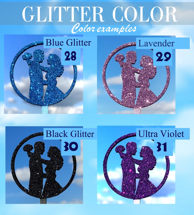 Op de afbeelding: Vier verschillende glitterkleuren voor een bruidstaarttopper. De topper is een silhouet van een bruid en bruidegom die een boeket vasthouden. De kleuren zijn blauwe glitter, lavendelglitter, zwarte glitter en ultraviolette glitter.
