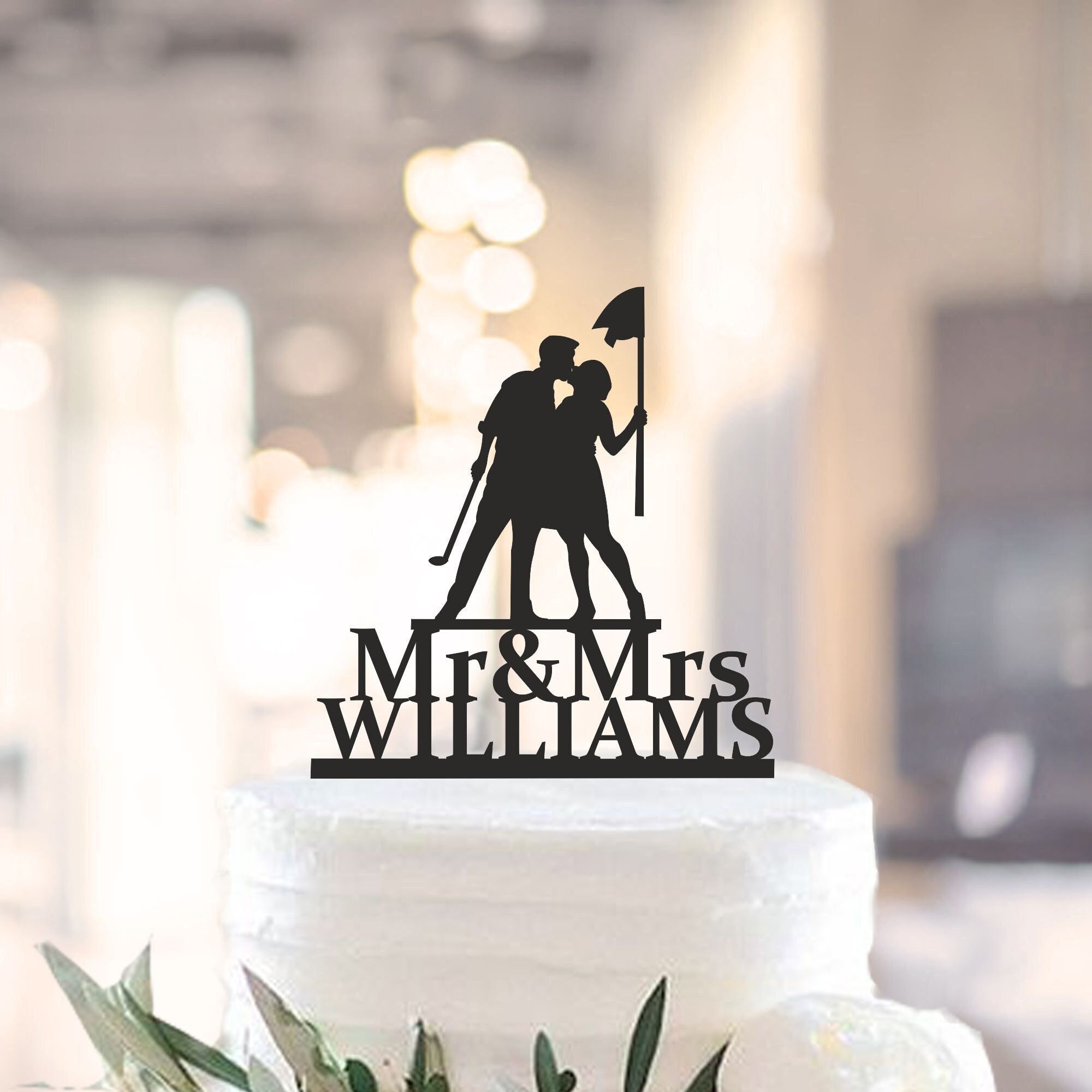Mr And Mrs Silhouette Golfers And Surname Last Name Wedding Cake Topper Free Shipping