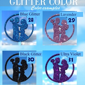 May include: Four different glitter colors for a wedding cake topper. The topper is a silhouette of a bride and groom holding a bouquet. The colors are blue glitter, lavender glitter, black glitter, and ultra violet glitter.