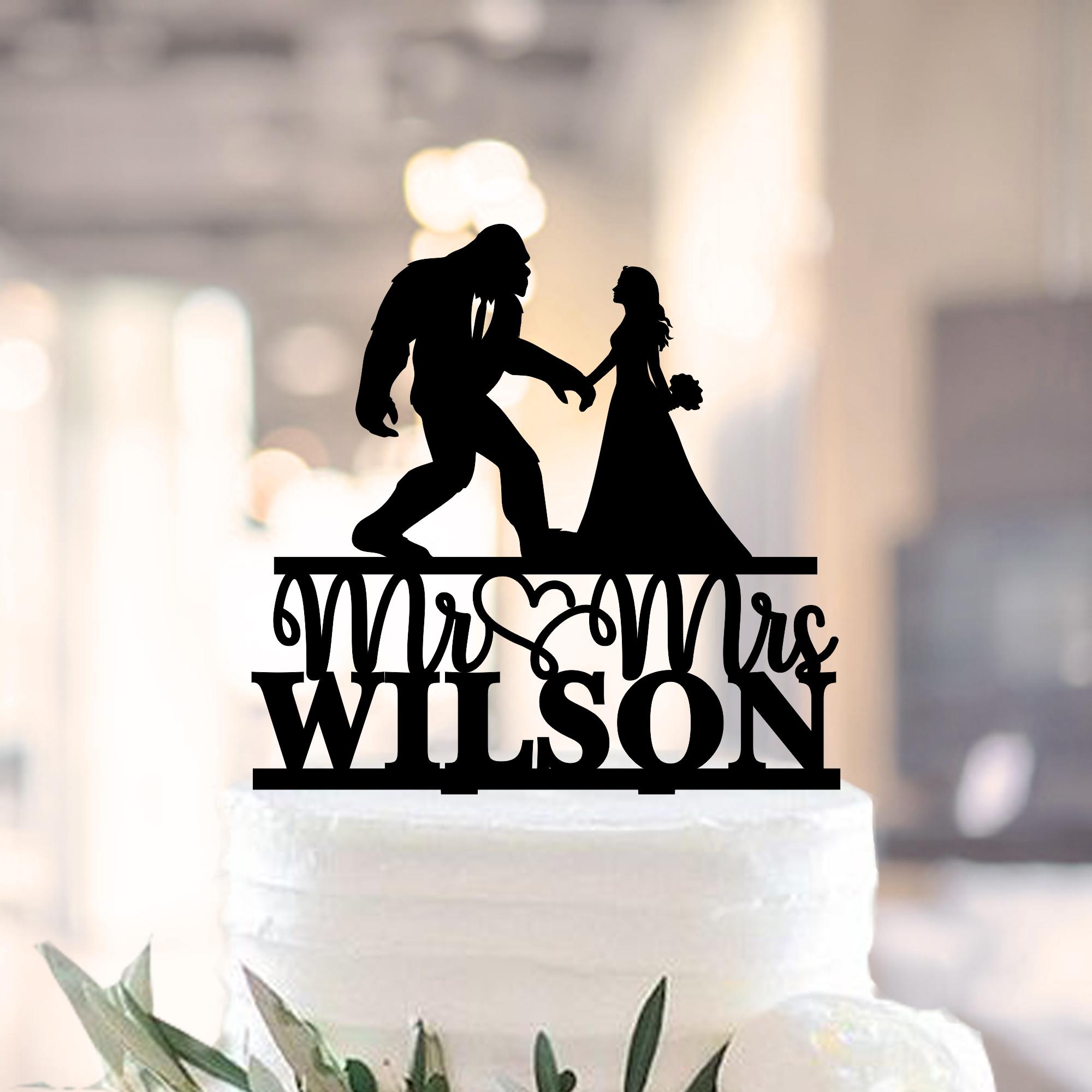 Funny Bigfoot Wedding Cake Topper, Unique Sasquatch Cake Decoration, Big Foot and Bride Cake Topper Wedding Funny Wedding Party Yeti Wedding