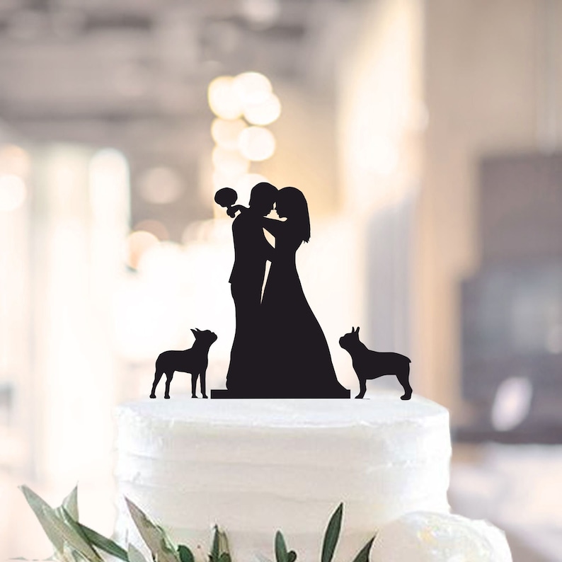 Wedding cake topper with dogs, Mr and Mrs cake topper + 2 dogs, Pair toppers with two dogs, Boston terriers and Couple Wedding cake topper image 1