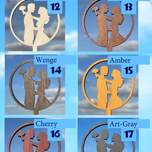 May include: A collage of 6 images showing different wood colors for a laser cut wedding cake topper. The topper features a bride and groom holding a bouquet of flowers. The wood colors are: Natural, Walnut, Wenge, Amber, Cherry, and Art-Gray.