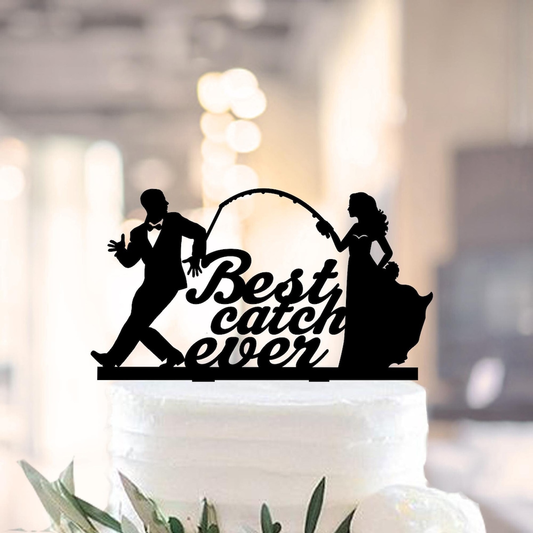 Funny Fishing Cake Topper, Mr and Mrs Wedding Cake Coppers, Bride Catch ...