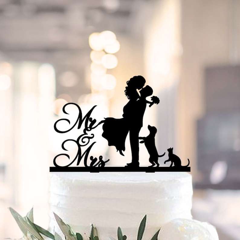 Couple Wedding Cake Topper With Cat and Dog, Bride and Groom Cake ...
