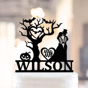 Halloween Wedding Cake Topper, Pumpkin Cake Topper, Bats and Skeletons Topper, Personalized Goth Cake Topper, Cake Topper Autumn wedding