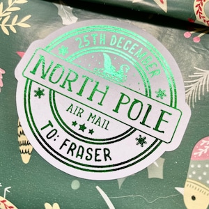 Personalised North Pole Air Mail Stickers|  55mm | Foil Stickers | Gold Silver Red Green | 12 pack