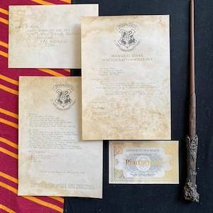 May include: A Hogwarts acceptance letter with a brown and gold crest, a list of required books and equipment, and a train ticket to Platform 9 3/4. The letter is addressed to Mr. J. Moir, Green House on the Hill, 673 West Tamar Highway, Riverside, TAS Australia 7250.