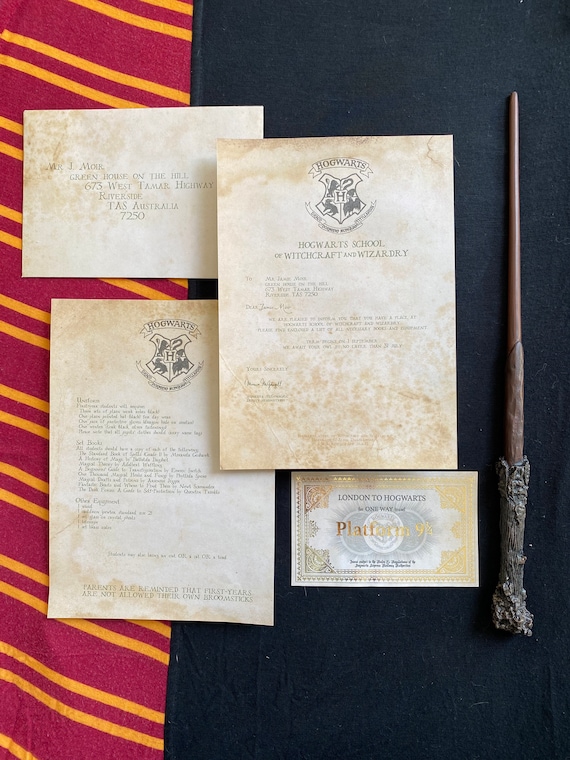 Personalised Harry Potter Hogwarts Acceptance Letter School Supply List  Gold Foil Printed Train Ticket Addressed Envelope wax Seal 