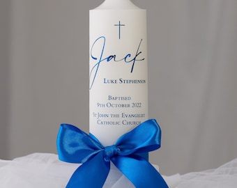 Personalised Scriptive Ribbon | Foil Printed |. Baptism  | Christening  | Naming Day Candle | Tall 22cm | Small 16cm