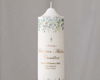 Personalised Eucalyptus Print | Foil Printed | Baptism  | Christening  | Naming Day Candle | Tall 22cm | Small 16cm