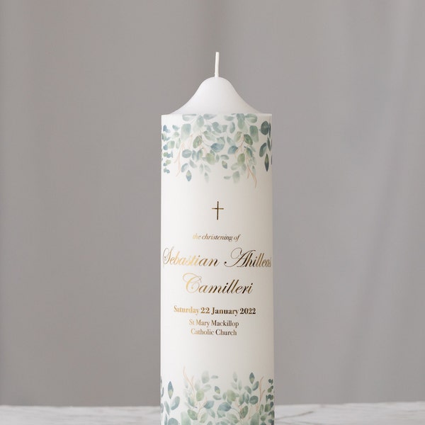 Personalised Eucalyptus Print | Foil Printed | Baptism  | Christening  | Naming Day Candle | Tall 22cm | Small 16cm