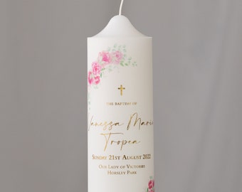 Fleurs roses personnalisées | Feuille imprimée |. Baptême | Baptême | Bougie du jour de baptême | Hauteur : 22 cm | Petit 16 cm