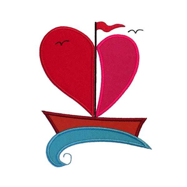 Heart Boat Valentine Applique Design-Valentine’s Day Embroidery Applique Design-Boat Applique design-4x4,5x7,6x10-Machine Embroidery Design.