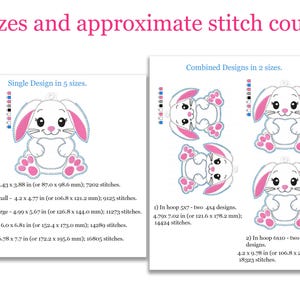 May include: A white bunny with pink ears and paws is shown in five different sizes. The image also shows two combined designs of the bunny in two different sizes. The image includes stitch counts and measurements in inches and millimeters.